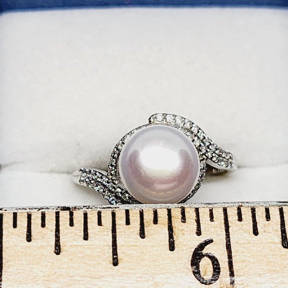 White Freshwater Pearl & Cubic Zirconia ring inn Rhodium over 925SS sz 9 .35 cts - Picture 2 of 7